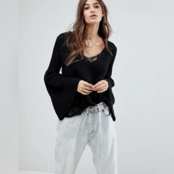 Free People Sweaters - Free People Black Angora Rabbit Fur Flare Sleeve Scoop Back Sweater Soft